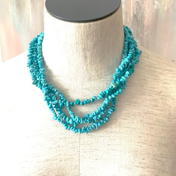Vintage Turquoise Gemstone Chips Cluster Multi Strand Statement Collar Necklace - Picture 1 of 5